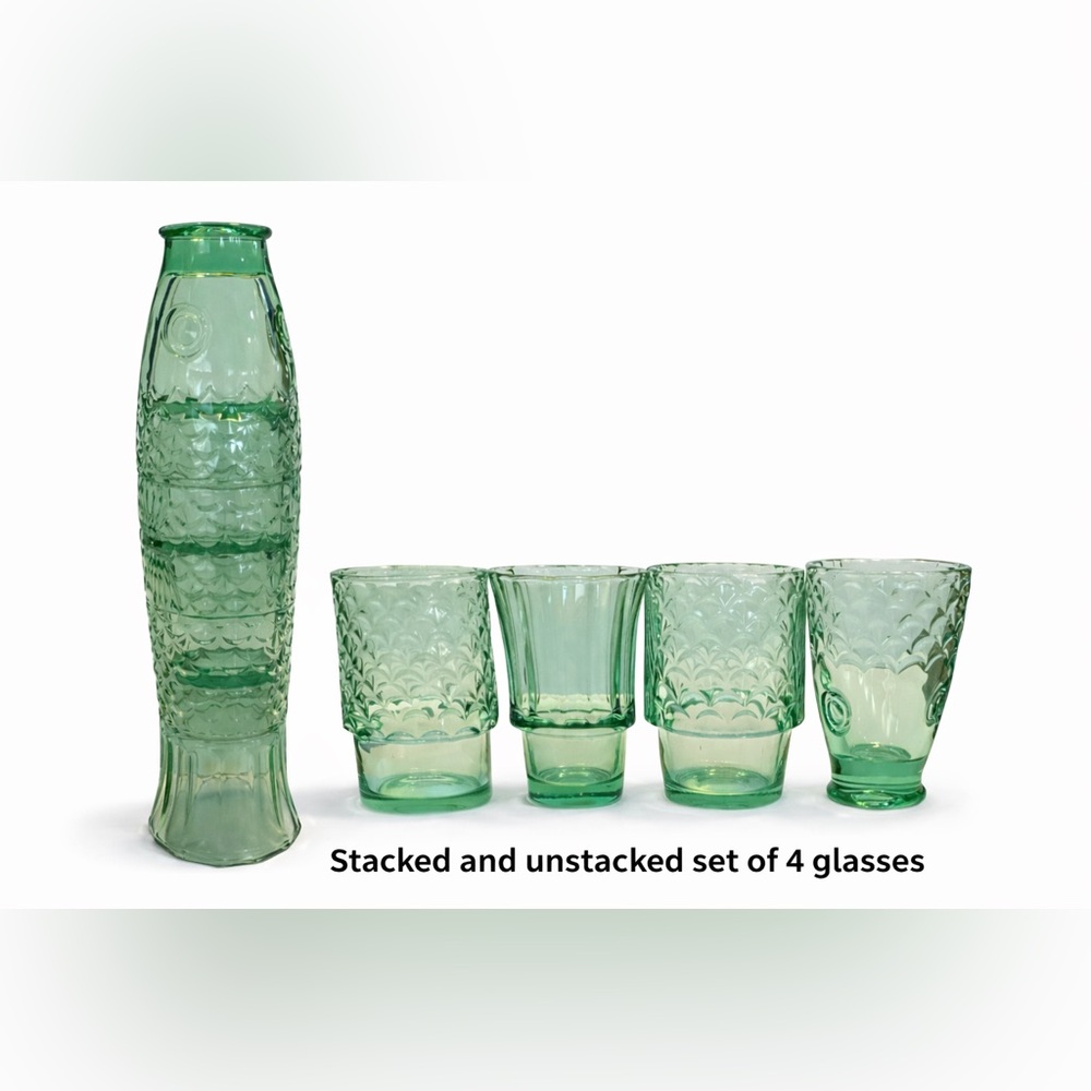 Stackable Green Pressed Glass Fish Tumblers Set of 4 Koi Sculpture